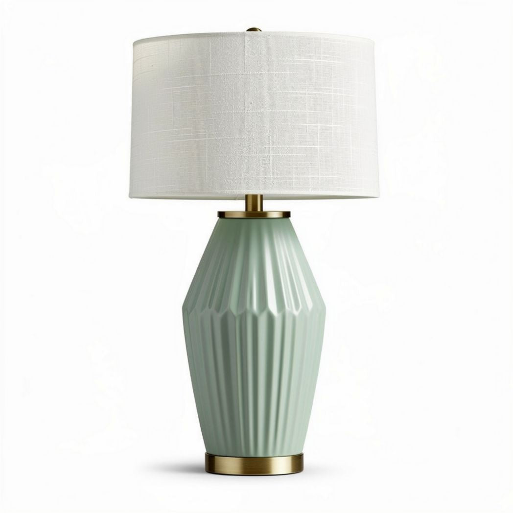 Ceramic table lamp with linen shade in soft green color 30 x 30 x 55cm