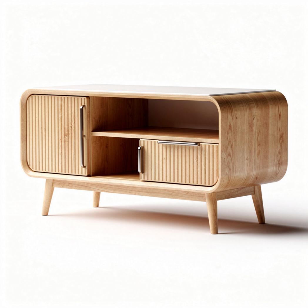 Natural wood storage cabinet with two doors and open shelf 100 x 40 x 50cm