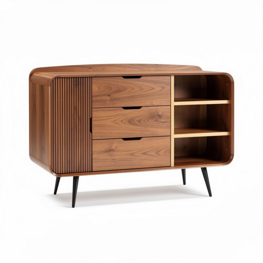Wooden sideboard with three drawers and open shelves in walnut finish 80 x 40 x 75cm