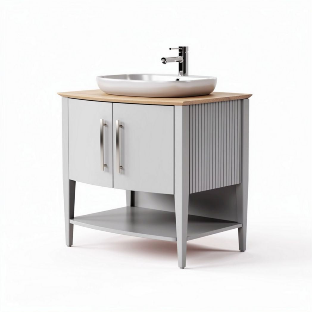Gray bathroom vanity with wooden top and round sink 80 x 40 x 85cm