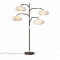 Modern floor lamp with five fabric shades and adjustable branches in brown