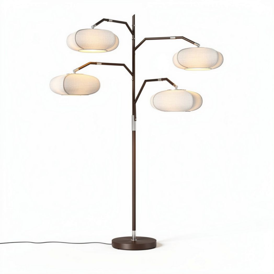 Modern floor lamp with five fabric shades and adjustable branches in brown
