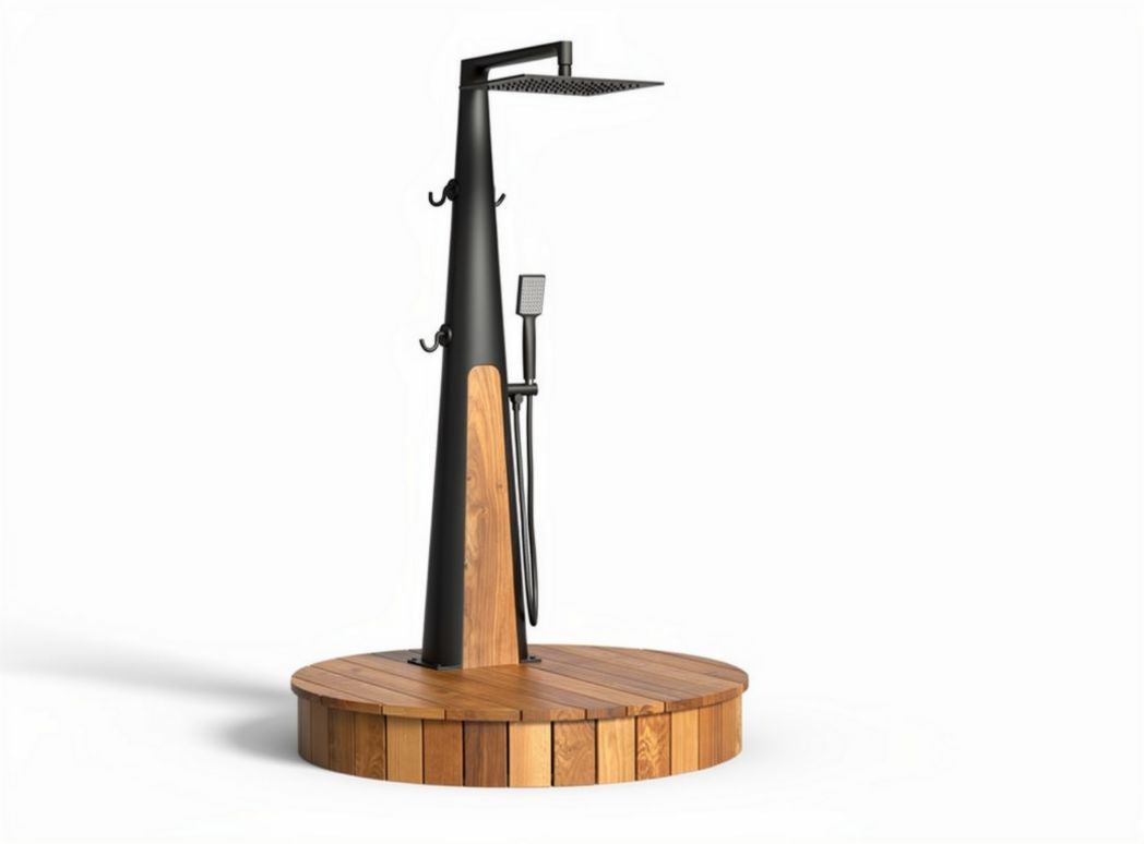 Outdoor shower with wooden base and adjustable showerhead 100 x 100 x 220cm