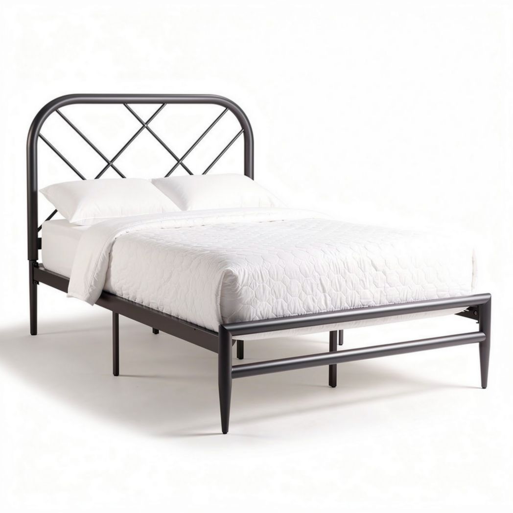 Metal bed frame with geometric headboard in black finish full size