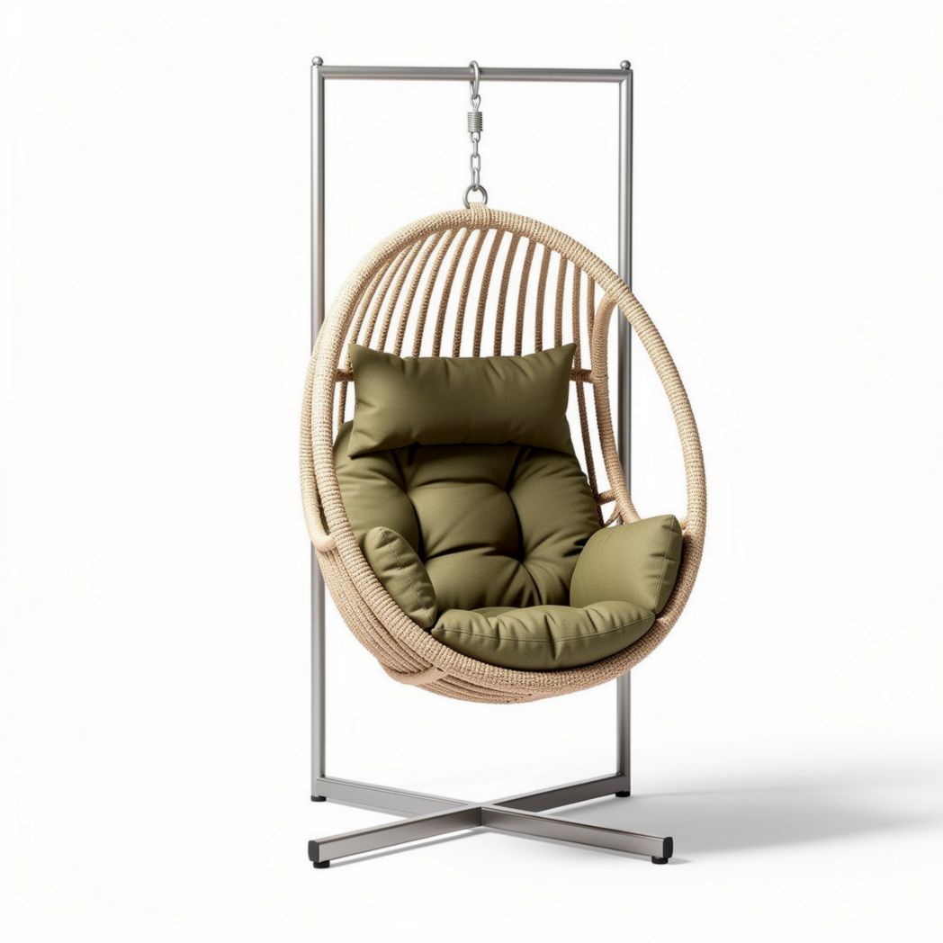 Hanging egg chair with cushion in green fabric and metal stand 90 x 80 x 120cm