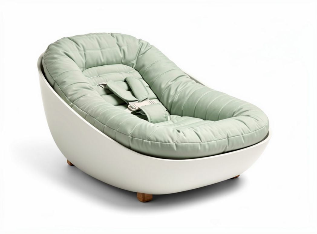 Baby lounge seat with removable cushion and safety harness in green and white 80 x 50 x 40cm