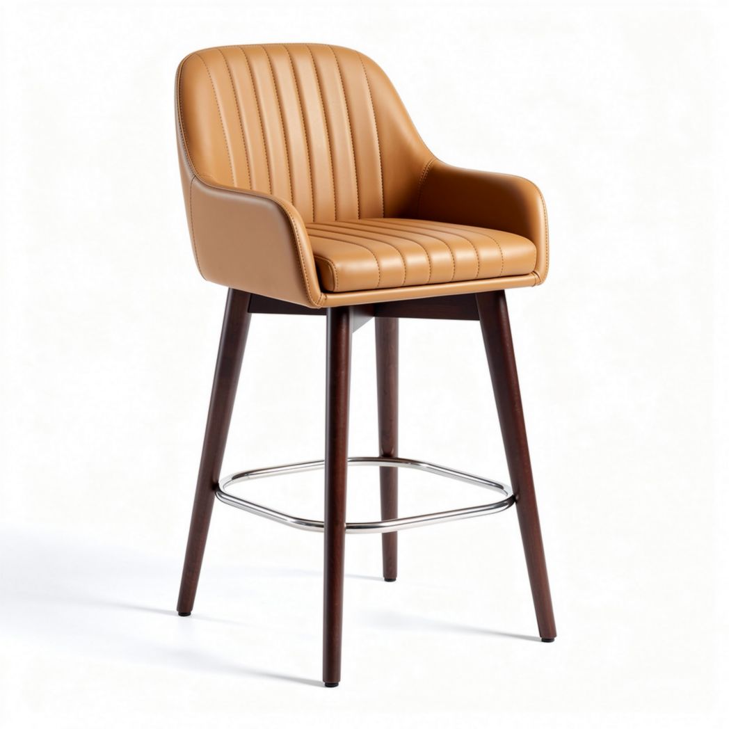 Upholstered bar stool with wooden legs and chrome footrest in tan 50 x 45 x 100cm