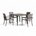 Outdoor rectangular dining table set with four woven chairs in brown 150 x 150 x 75cm