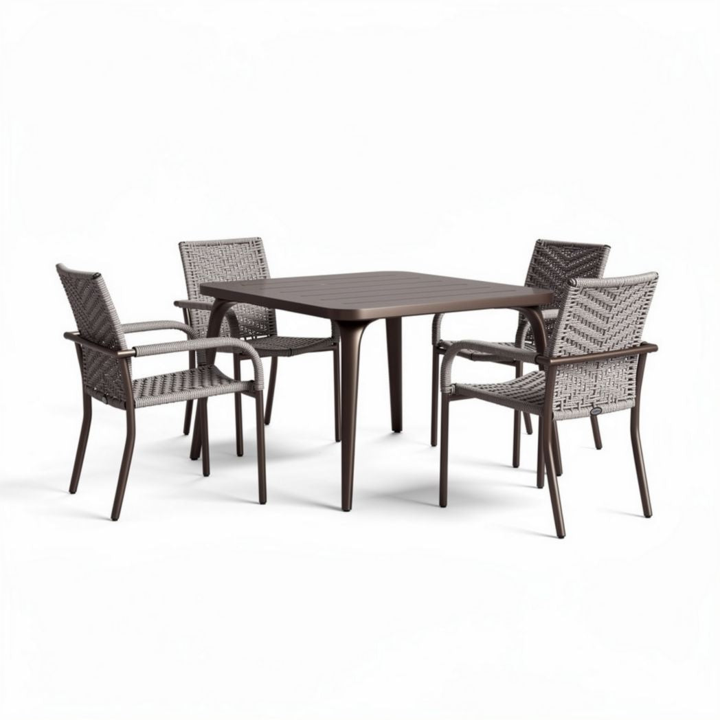 Outdoor rectangular dining table set with four woven chairs in brown 150 x 150 x 75cm