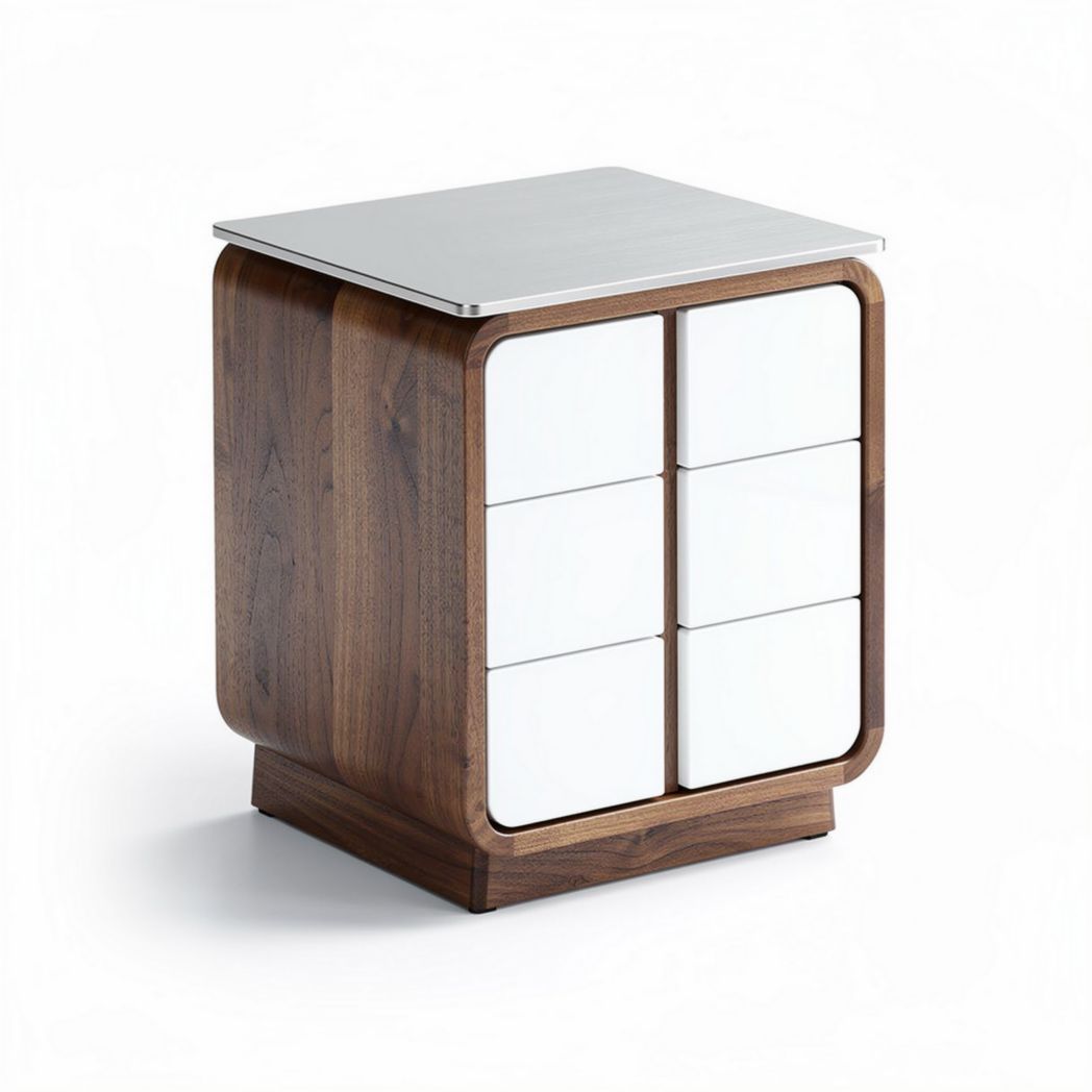 Wooden nightstand with white drawer fronts and stainless steel top 40 x 40 x 50cm