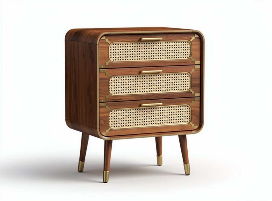 Wooden nightstand with three drawers and rattan accent 40 x 30 x 70cm