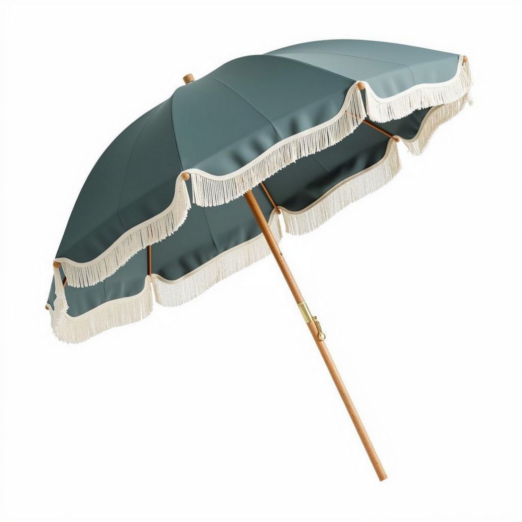 Fringed patio umbrella in teal color with wooden pole 200 x 200 x 250cm