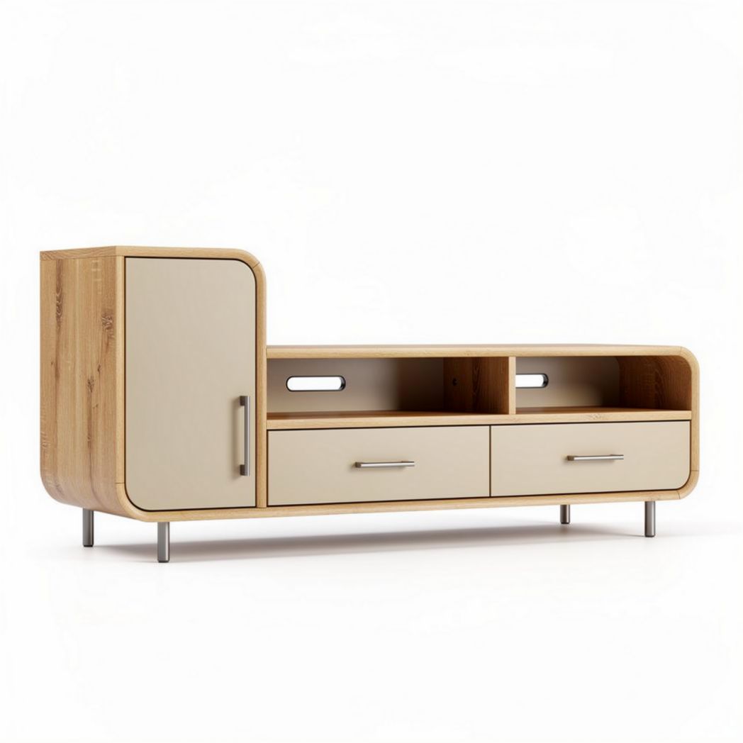 Wooden media console with beige doors and two drawers 150 x 40 x 60cm